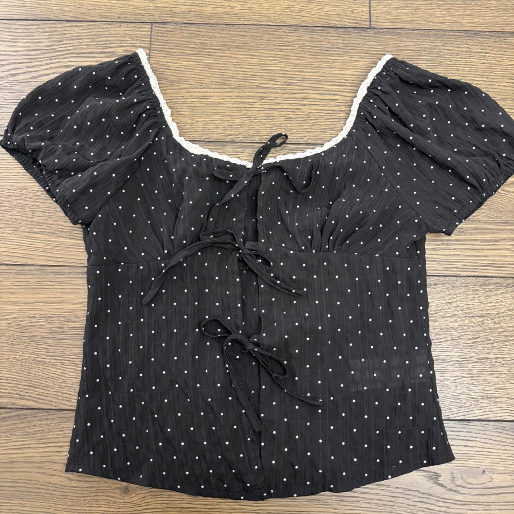 Womens Black Polka Dot Tie Front Lace Trim Puff Sleeve Blouse Small Boho
